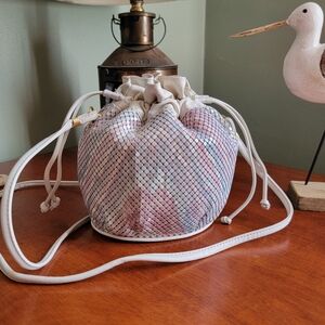 Vintage Whiting And Davis Rainbow Metal Mesh & Leather Drawstring Bucket Bag